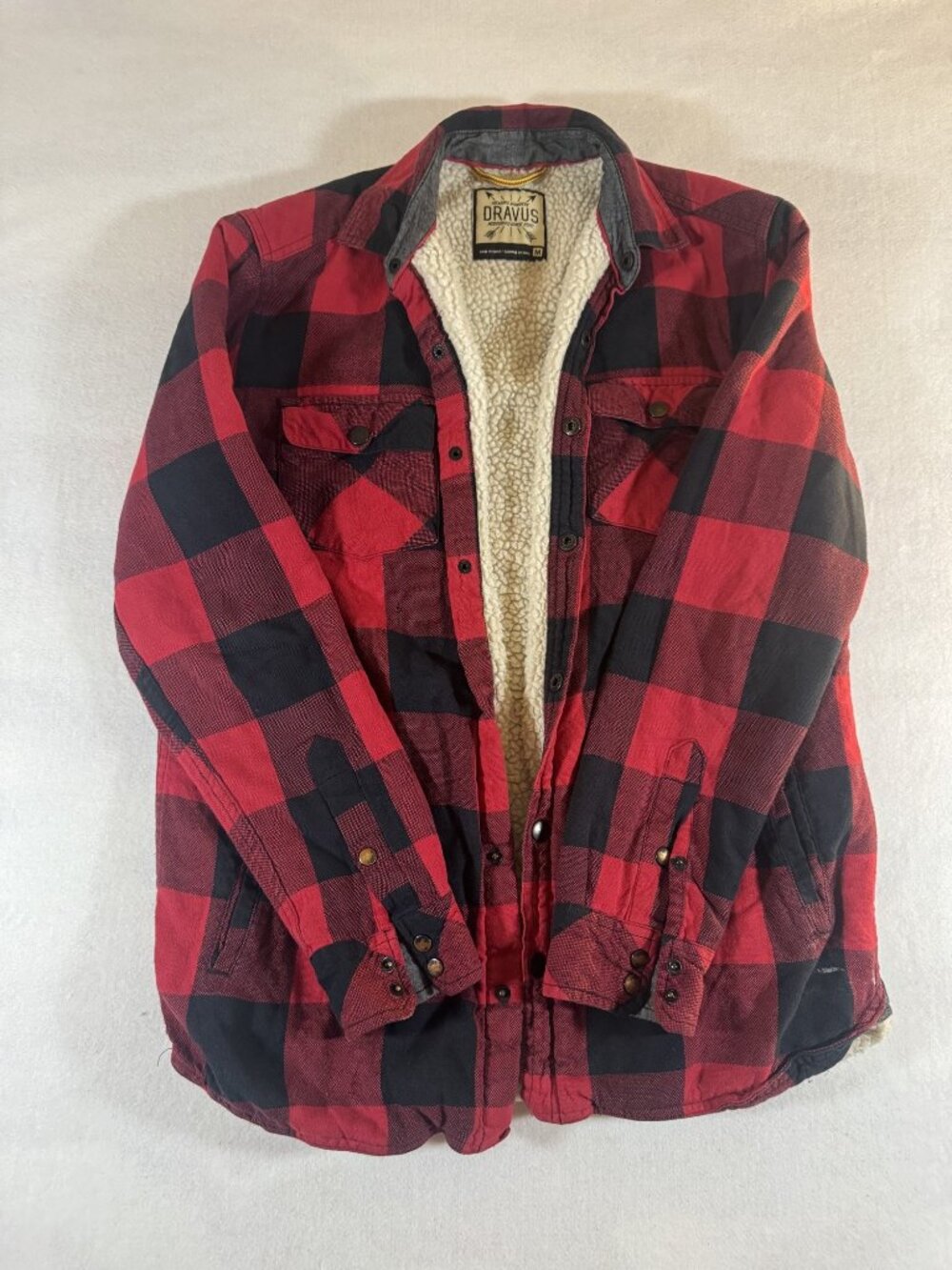 Dravus Mens M Red Black Buffalo Plaid Sherpa Lined Flannel Shacket Shirt Jacket